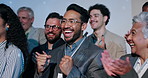 Businessman, happy and applause in audience at conference with cheers for profit at company. People, women and excited with celebration, goals and team for revenue growth at financial convention