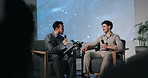 Talk show, men and interview with questions, tablet or conversation with entrepreneur. Communication, people or guest with presenter, discussion or share experience for startup or business management
