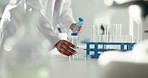 Lab, scientist and hands take test tube for medical research, experiment and chemistry. Chemical, glass and person with science equipment for pharma study, cure development or healthcare innovation