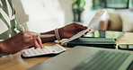 Black person, audit and finance with calculator for budget planning, tax return or bills at home. Accountant, receipt or invoice with calculation for financial rebate, deduction or cash back at house