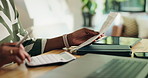 Black person, finance and bills with calculator for audit, budget planning or tax return at home. Accountant, receipt or invoice with calculation for financial rebate, deduction or cash back at house