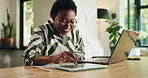 Happy, entrepreneur and woman with glasses, tablet and calculation for financial success on website. Online, browsing and black person with laptop for asset management, graphs or return on investment