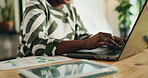 Hands, woman and typing on laptop for accounting, financial graphs and budget review. Female person, tablet screen and audit with finance results, statistics document and online information at house
