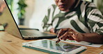 Hands, woman and graph on tablet for accounting, financial planning and budget review. Female person, digital screen and audit with finance results, statistics document and online expenses at house