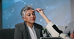 Woman, talk show host and makeup on stage with brush for touchup, screen and staff for broadcast. Mature person, presenter and cosmetics artist with tools, powder or foundation for interview on tv