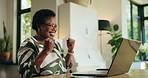 Happy, black woman and laptop with fist pump for winning bonus, good news or success at home. Excited, female person or remote worker with smile on computer for online offer or promotion ar house