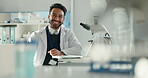 Face, scientist and man with smile, lab and confident for breakthrough of healthcare and innovation. Happy, medical professional and person with pride for science, pharmaceutical and treatment in USA