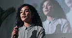 Mic, guest and woman in convention to talk for climate change, awareness and renewable energy. Presentation, stage and speaker on forum in discussion for sustainability or eco friendly conference