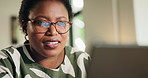 African woman, laptop and happy for remote work from home with typing, review or project management. Person, copywriting and computer with smile for notification, contact and creative at apartment