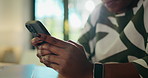 Phone, hands and woman in home with contact, communication or texting on mobile app. Technology, networking and female person with chatting on social media with cellphone for connectivity in house.