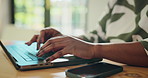 Hands, laptop and typing for remote work from home with editing, keyboard and project management. Person, copywriting and computer with click for creative review, article and feedback at apartment