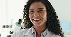 Face, scientist and woman with smile, lab or confident for breakthrough of healthcare or innovation. Happy, medical professional and person with pride for science, pharmaceutical and treatment in USA