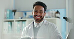 Face, scientist and man with smile, healthcare and confident for breakthrough of innovation and lab. Happy, medical professional and person with pride for science, pharmaceutical and treatment in USA