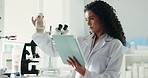 Scientist, woman and tablet with chemistry for project, breakthrough or medical research. Biotech, laboratory and inspection with DNA solution for pharmaceutical RNA or chemical experiment study