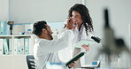Scientist, team and high five with tablet for project, breakthrough or medical research. Biotech, laboratory and people with celebration for pharmaceutical RNA, DNA solution or chemical experiment