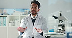 Science, teaching and man in laboratory talking for educational lesson, information and explaining. Biology, chemistry and scientist speaking for discussion on experiment, research study or knowledge