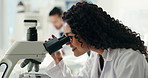 Scientist, woman and microscope with smile for chemistry project, breakthrough or medical research. Biotech, laboratory and test with DNA solution for pharmaceutical RNA or chemical experiment study