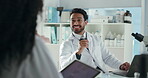 Teamwork, science and research with people in lab for clinical trial, pharmacy or medical study. Healthcare, drug development and collaboration with scientist talking for chemistry experiment