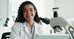 Face, science and woman in lab, research and microscope for experiment, confidence and smile. Portrait, happy person and scientist in workplace, equipment and test with forensic dna expert or medical