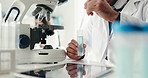 Microscope, chemical and hands of scientist in laboratory for futuristic pharmaceutical innovation. Glass vial, biotechnology and biologist with liquid for medical research, discovery or project.