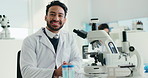 Face, science and man in lab, research and microscope for experiment, medical and smile. Portrait, person and scientist in workplace, equipment or study with forensic dna expert, test or breakthrough
