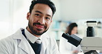 Face, science and man with smile, research and microscope for experiment, specialist and medical. Portrait, happy person and scientist in lab, equipment and test with forensic dna expert or biology