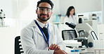 Face, science and man in lab, smile and microscope for experiment, confidence and test. Portrait, person and scientist with equipment, vaccine research and study with forensic dna expert or medical