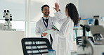 Scientist, people and high five with tablet for project, breakthrough or medical research. Biotech, laboratory and team with celebration for pharmaceutical RNA, DNA solution or chemical experiment