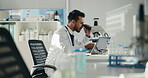 Microscope, research and laptop with man in laboratory for forensic, toxicology report and science. Medical analysis, pathology screening and tissue sample with person in clinic for investigation