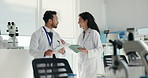 Medical research, scientist and people with tablet, lab and discussion for collaboration and online. Healthcare, man and woman with tech for data analysis, pharmaceutical and teamwork in clinic