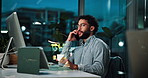 Phone call, night and talking with business man for stock broker, virtual consultant and chat. Financial analyst, account manager and communication with person in office for as investment banker