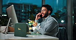 Phone call, night and online with business man for stock broker, virtual consultant and chat. Financial analyst, account manager and communication with person in office for as investment banker