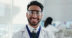 Happy man, face and scientist with goggles for medical study or research at laboratory. Portrait, male person or smile with glasses for eye protection or safety in science for forensic development
