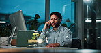 Phone call, night and advisor with business man for stock broker, virtual consultant and chat. Financial analyst, account manager and communication with person in office for as investment banker