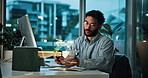 Business, man and reading with phone in office for accounting, check notification and evening. Person, computer and mobile for schedule update, search internet and chat online for proposal feedback