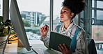 Office, review and woman with tablet, computer and web designer with tech, online and visual design. Business, employee and person with app for project, planning and brand identity on social media