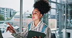 Office, reading and woman with tablet, computer and web designer with tech, think and visual design. Business, employee and person with app for project, planning and brand identity on social media