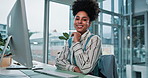 Face, computer and happy with business woman in office for web design, ui project and research. Front end developer, cad software and online with person in digital agency for planning and creative