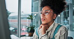 Glasses, computer and thinking with business woman in office for web design, ui planning and research. Front end developer, cad software and online project with person in digital agency for startup