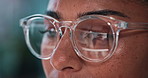 Glasses, reflection and online with business woman in office for web designer, research or article layout. Reading, digital magazine and blog review with closeup of person in media agency for editing