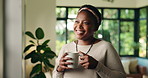 Coffee, thinking and black woman in home with ideas, reflection or positive memory in morning. Cappuccino, happy and African female person with drinking latte and planning for day in apartment.