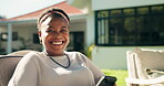 Face, black woman and smile with phone at house for browsing, social media and weekend break. Portrait, female person and relax with mobile for reading blog, website search and comfort in backyard