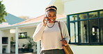 Smile, black woman and laugh with phone call at house for discussion, funny gossip and catchup. Happy, female person and mobile conversation with contact, chat and listening to story in backyard