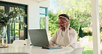 Laptop, phone call and black woman on patio for communication, contact or online networking. Remote work, smartphone and home consultant with discussion, conversation and freelance business schedule