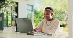 Home, creative and woman with laptop, earphones or song for inspiration, author or typing for novel. Happy, freelancer and black person with tech for story, listen and online for music or remote work
