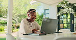 Laptop, freelancer and video call with black woman in home for virtual chat, webinar and wave. Communication, online meeting and remote work with person and earphones for entrepreneur and networking