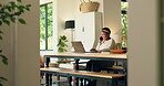 Freelancer, black woman and phone call with laptop for information, research or talking with source. Home, happy person and journalist with technology for discussion, news question and remote work