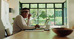 Black woman, stress or home with headache on laptop for financial crisis, debt review or bankruptcy. Frustrated, female person or migraine with computer for mistake, bad news or liability at house