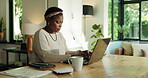 Remote work, black woman and typing on laptop for accountant, auditing and research at home. House, female person and financial advisor with digital for budget statement, online report and freelancer