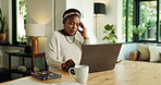 Stress, laptop and tired with black woman in home for insurance claim, security breach and fatigue. Liability policy, rejected application and pressure with person online for identity theft and worry